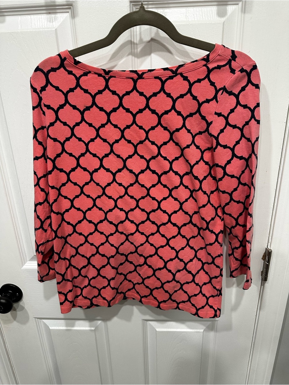 Talbots Coral Top with Navy Trellis Print Long Sleeve